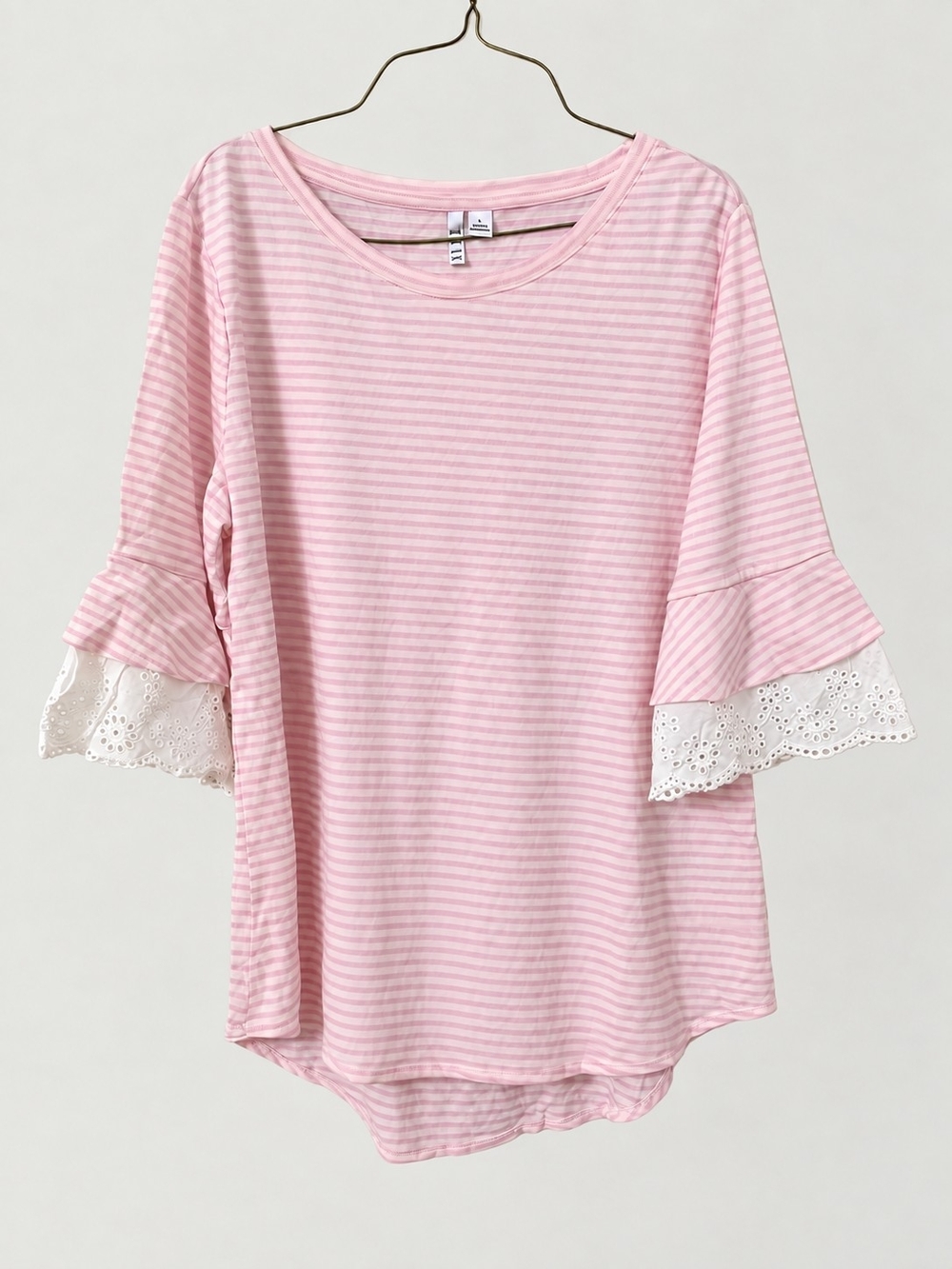 Elle Pink Striped Bell-Sleeve Tee with White Eyelet Trim